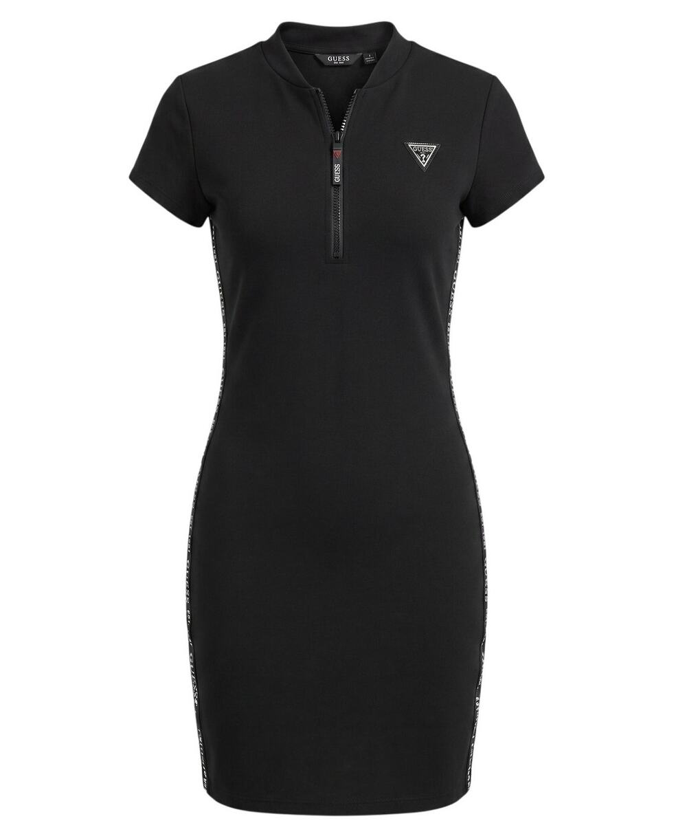 GUESS Quarter-Zip Logo Tape Bodycon Dress Black Knit Mini Size L
